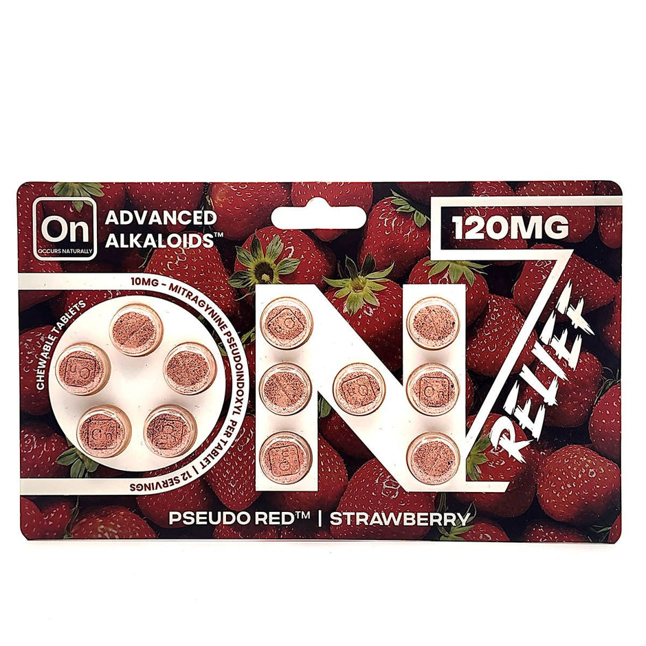 On7 Relief Pseudo Red Strawberry Chewable Tablets 120mg - Kratom Hood